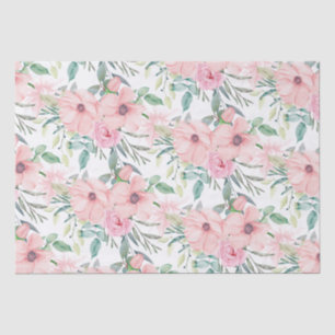 Papier Mousseline Rose Pâle Élégant Fleurs Aquarelle Feuilles Blanch