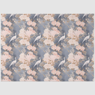 Papier Mousseline Rose Pâle Gris Fleur Asiatique Oiseau