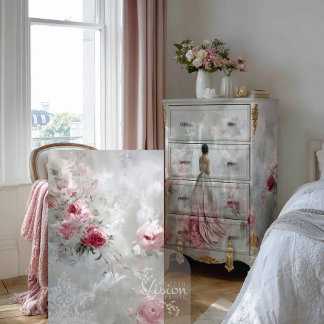 Papier Mousseline Rose Reverie II Blush Pink Roses Grey Damask