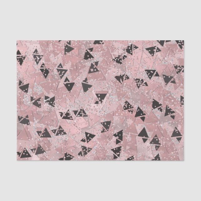 Papier Mousseline Rose Rouge Gênée Motif Triangles Or et Noir (Recto)