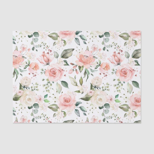 Papier Mousseline roses à crème de pêche, feuilles verts (Recto)