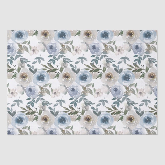 Papier Mousseline Roses aquarelle bleu et blanc pour la mariée  (Recto)