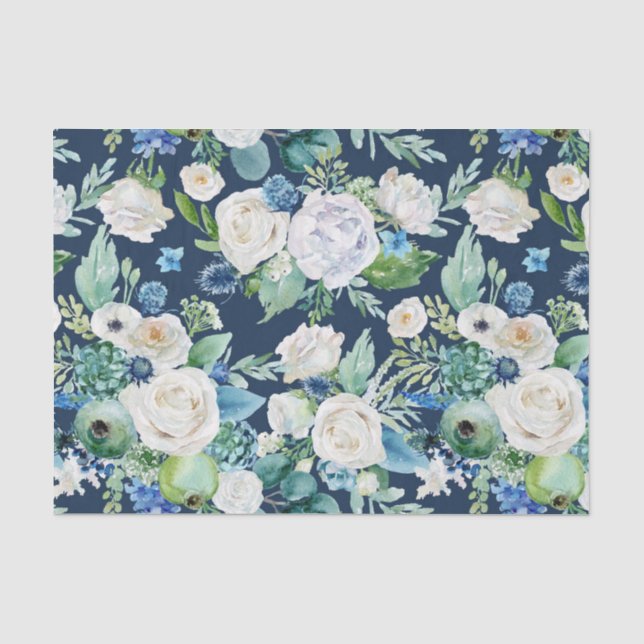 Papier Mousseline Roses blanches sur Découpage Arrière - plan bleu (Recto)