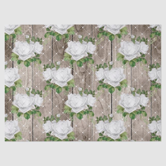 Papier Mousseline Roses blanches sur la page de découpage en bois ru (Recto)