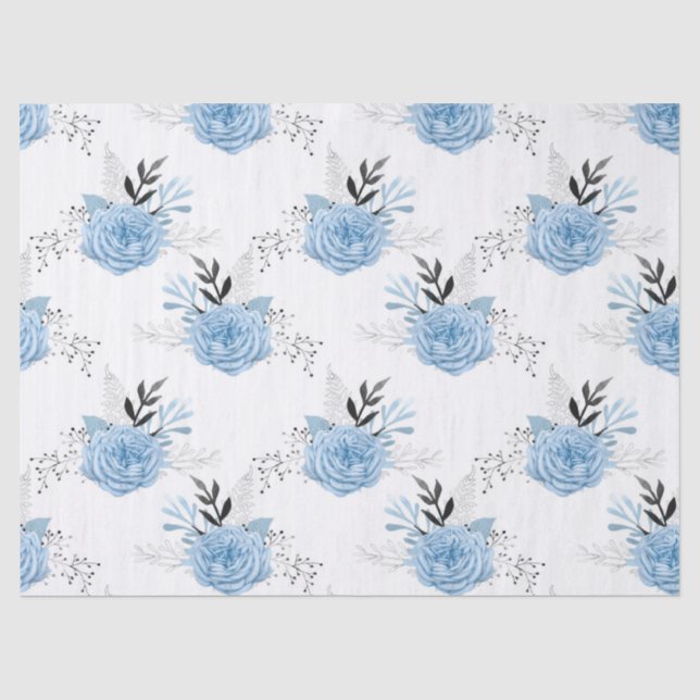 Papier Mousseline Roses bleus sur la page Découpage blanc (Recto)