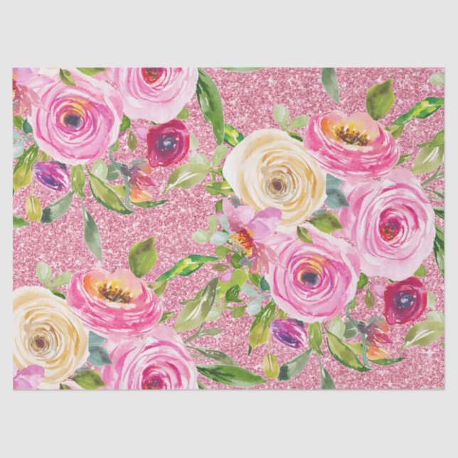 Papier Mousseline Roses d'aquarelle en Parties scintillant rose et c (Recto)