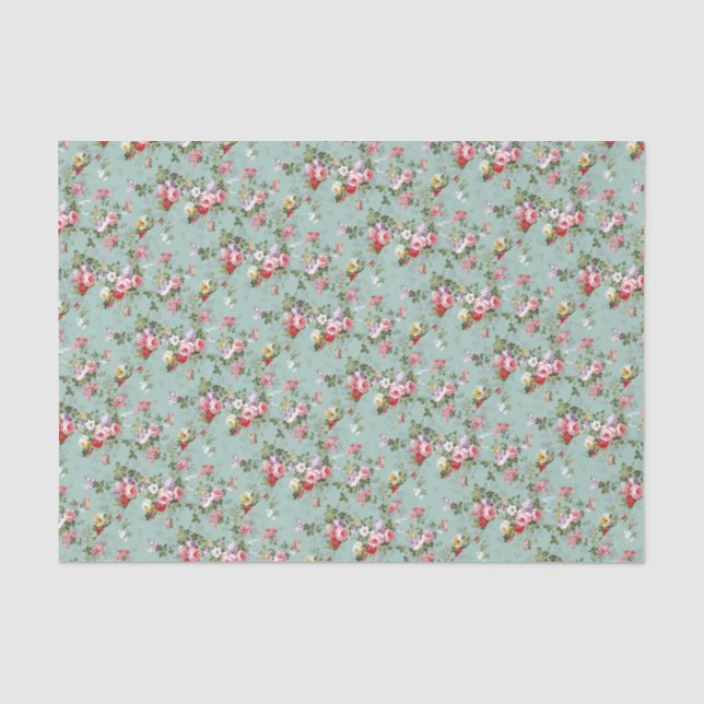 Papier Mousseline Roses de chou sur bleu pâle (Recto)