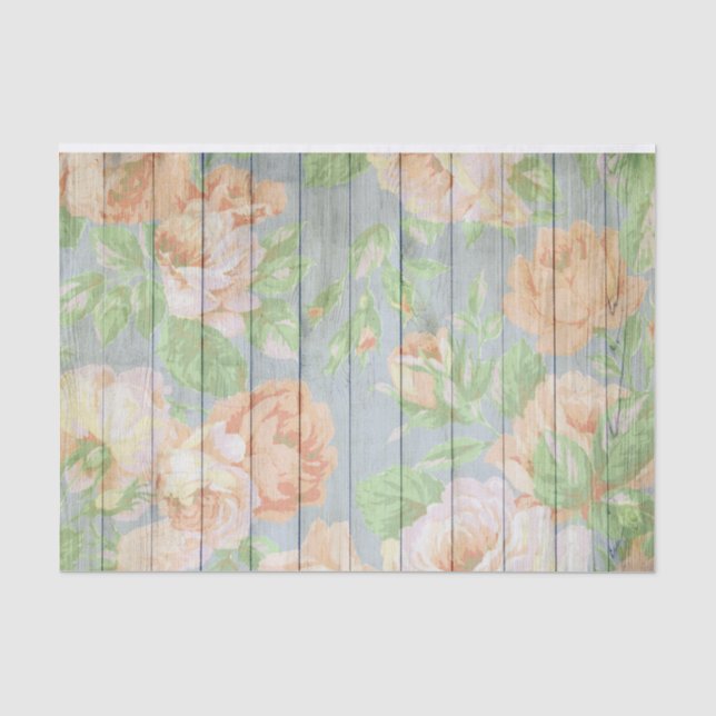 Papier Mousseline Roses De Corail Sur Planks Patiné Rustique (Recto)