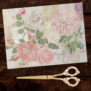 Papier Mousseline Roses et chrysanthèmes vintage rose or blanc