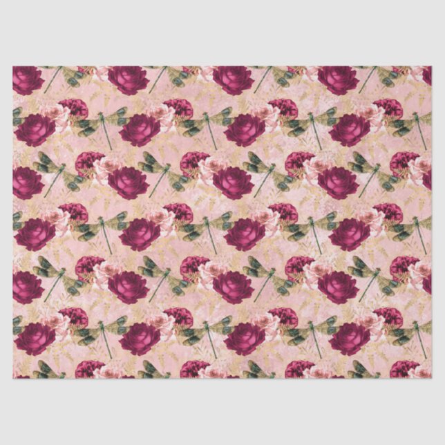 Papier Mousseline Roses et libellules (conception 4) (Recto)