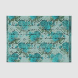 Papier Mousseline Roses et script Turquoises vintages