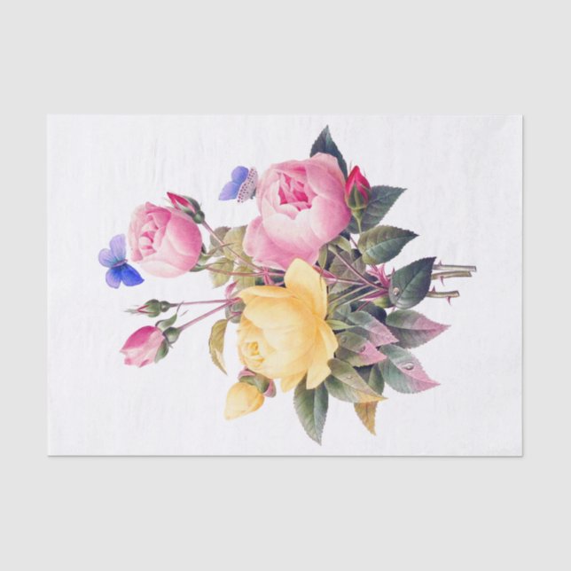 Papier Mousseline Roses Jaunes Rose Florale Classique Papillon Viole (Recto)