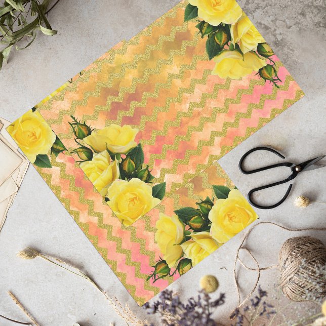 Papier Mousseline Roses Jaunes Sur Faux Gold Parties scintillant Che (Créateur téléchargé)