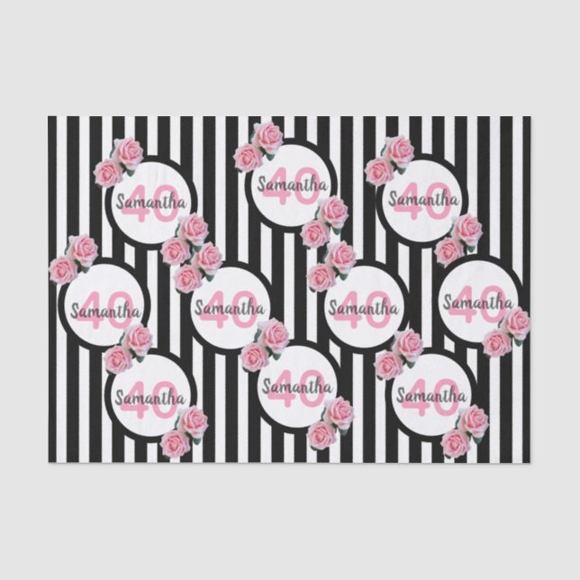 Papier Mousseline Roses roses noires rayures blanches 40e anniversai (Recto)