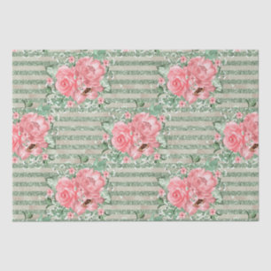 Papier Mousseline Roses roses roses aquarelles sur rayures vertes pa