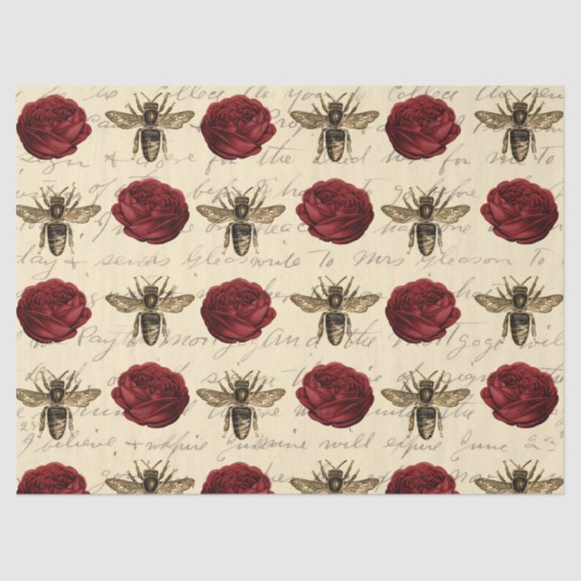 Papier Mousseline Roses rouges et abeilles Brown (Recto)
