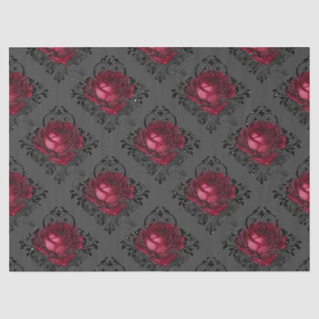 Papier Mousseline Roses rouges et décomposition de Damas noires (Recto)