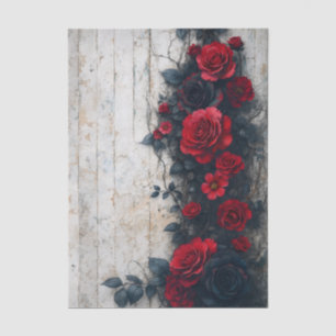 Papier Mousseline Roses rouges grimpantes sur bois rustique FE5R déc