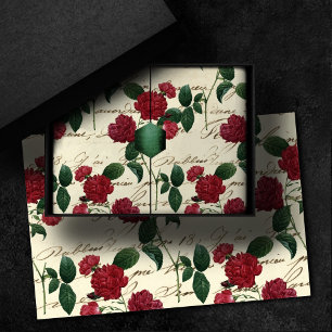 Papier Mousseline Roses rouges magnifiques et écriture Vintage class