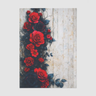 Papier Mousseline Roses Rouges sur Bois Patiné Découpage FE3L