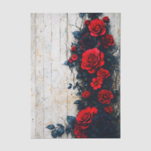 Papier Mousseline Roses Rouges sur Bois Patiné Découpage FE3R