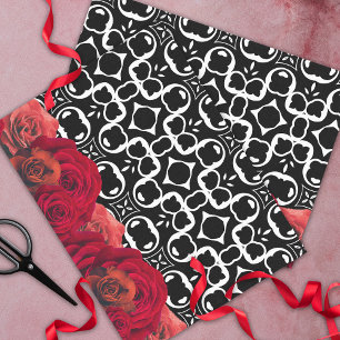 Papier Mousseline Roses Rouges Sur Motif Géométrique Noir Et Blanc