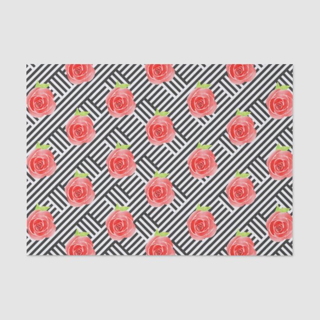 Papier Mousseline Roses sur rayures noires et blanches (Recto)