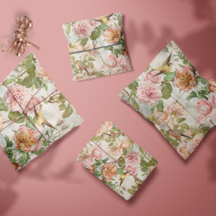 Papier Mousseline Roses vintages roses jaunes Botaniques Oiseaux ver