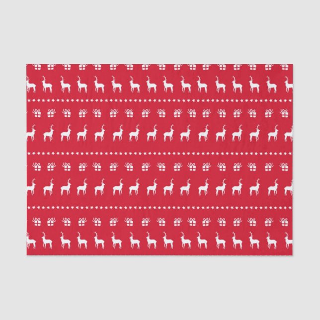Papier Mousseline Rouge Blanc Noël Reindeer & Cadeaux (Recto)