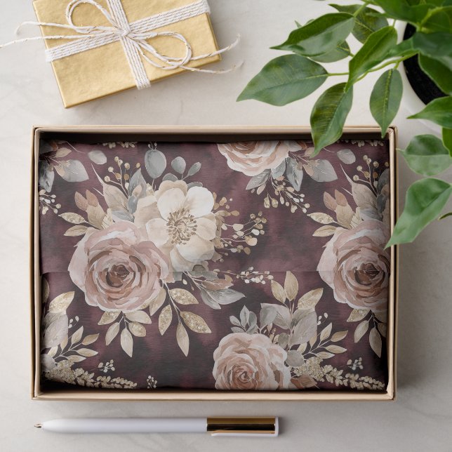 Papier Mousseline Rouge Bourgogne Floral Blush (Cadeau)