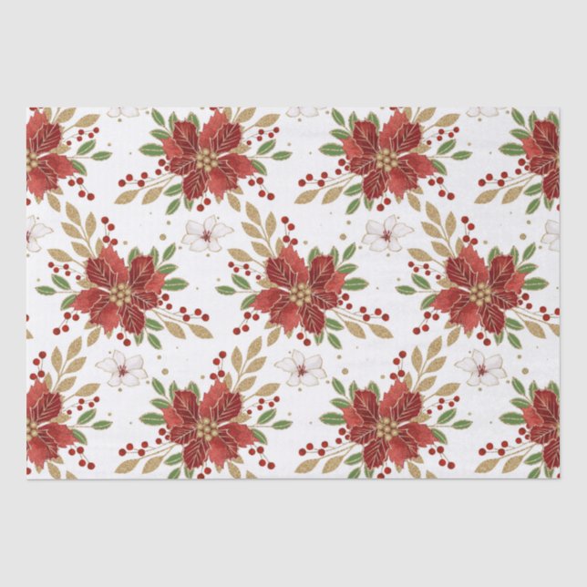 Papier Mousseline Rouge et blanc Poinsettia & Gold Parties scintilla (Recto)