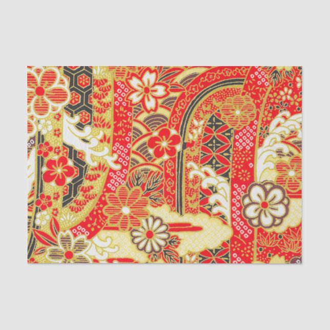 Papier Mousseline Rouge or Blanc Japonais Kimono Floral Découpage (Recto)