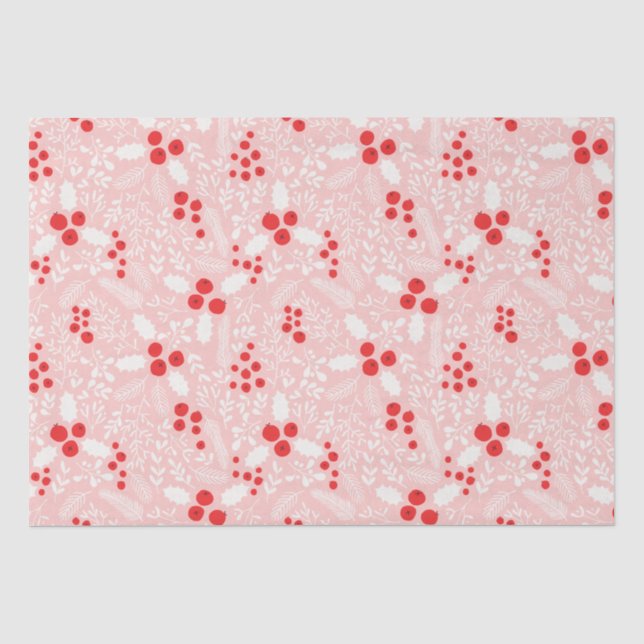 Papier Mousseline Rouge rose blanc Holly Berries Mistletoe Noël  (Recto)