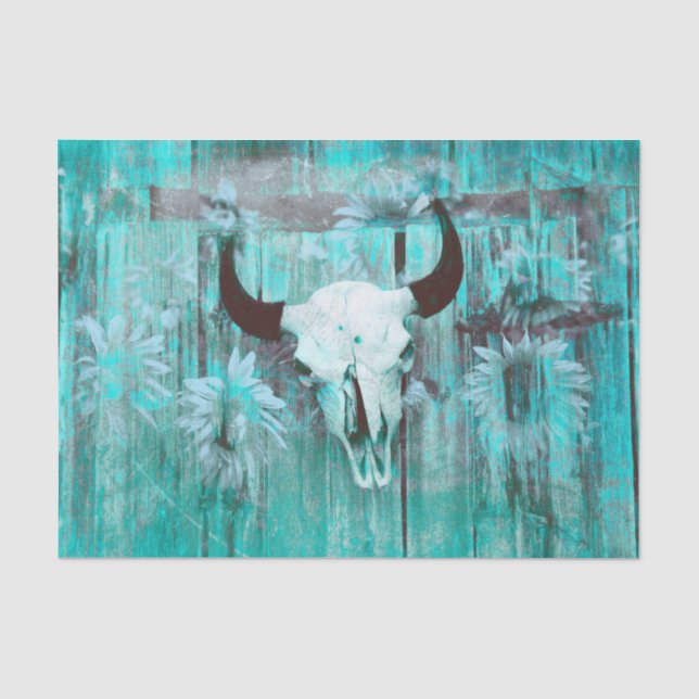 Papier Mousseline Russe Western Taureau Taureau Turquoise Boho Tourn (Recto)