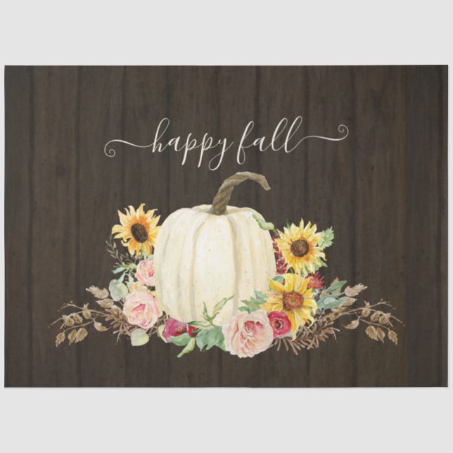 Papier Mousseline Rustic Happy Fall Sunflower Floral Citrouilles bla (Recto)