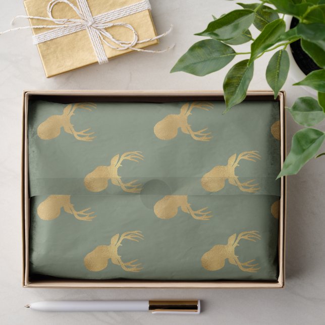 Papier Mousseline Rustic Olive Green Gold Deer Christmas (Cadeau)