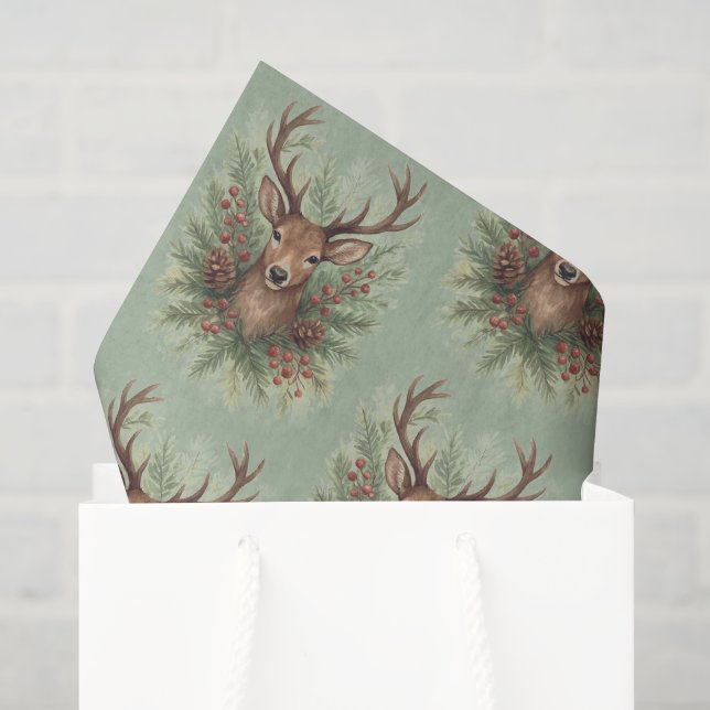 Papier Mousseline Rustic Woodland Deer Head with Winter Foliage -  (Sac cadeau)