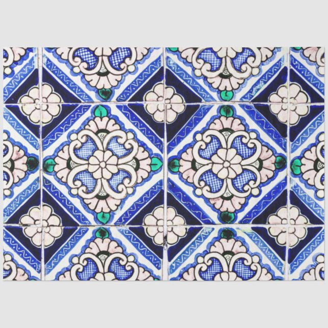 Papier Mousseline Rustique Azulejo Motif espagnol Carreaux Marine Bl (Recto)