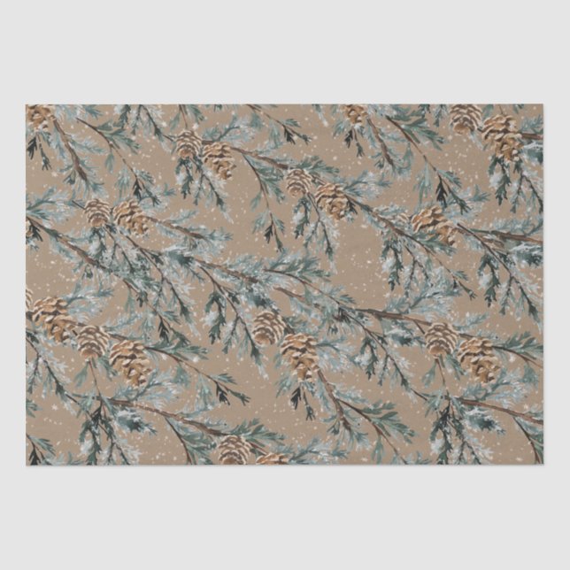 Papier Mousseline Rustique Kraft Snowy Blue Juniper Branches et cône (Recto)