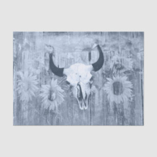 Papier Mousseline Rustique Western Bull Skull Dusty Blue Sunflowers