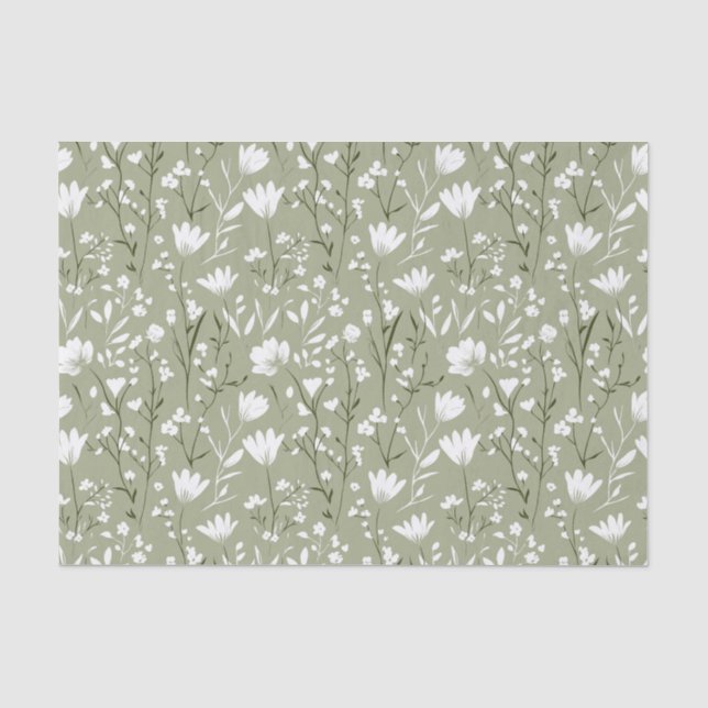 Papier Mousseline Sage Green et blanc Floral Naissance (Recto)