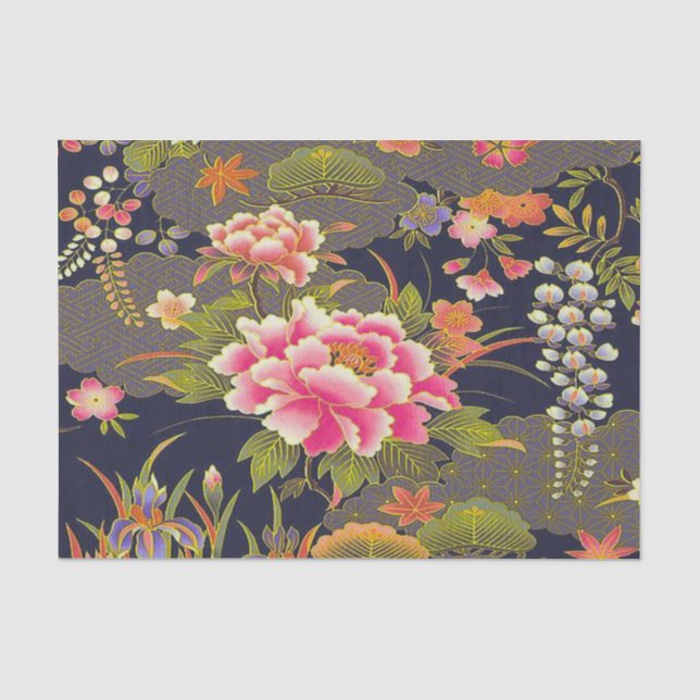Papier Mousseline Sage Vert rose Japonais Kimono Floral Découpage (Recto)