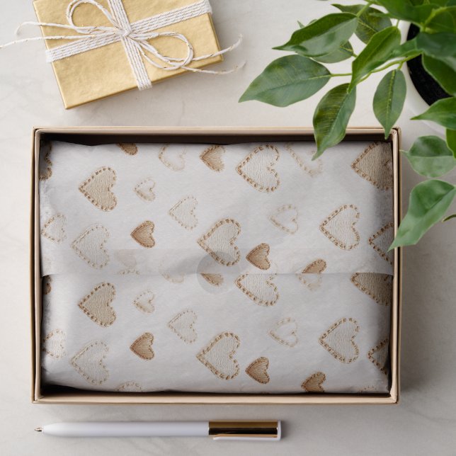 Papier Mousseline Saint-Valentin coeurs crème et marron (Cadeau)