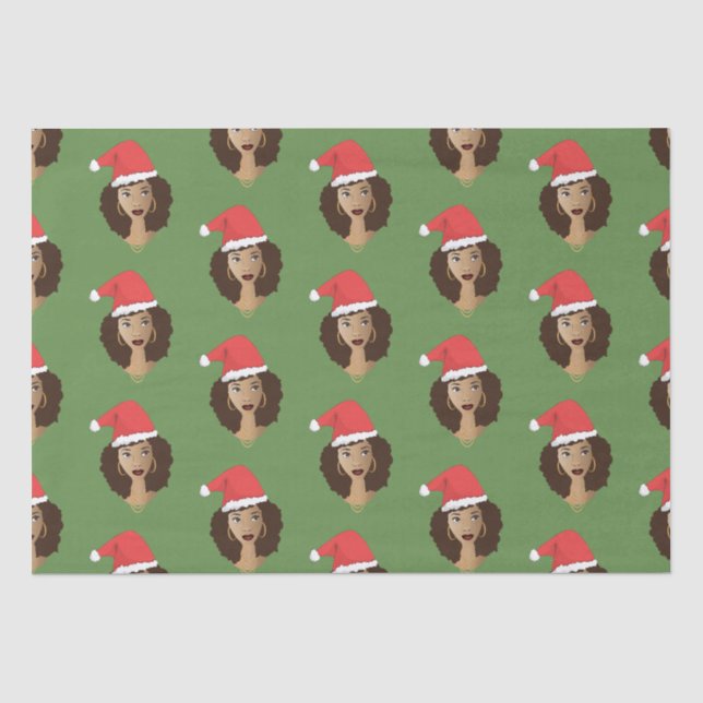 Papier Mousseline Santa Hat de Noël, Femme noire, Vert (Recto)