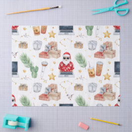 Papier Mousseline Santa with computer and Surfboard on Christmas 