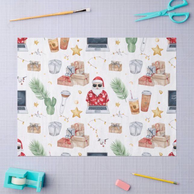Papier Mousseline Santa with computer and Surfboard on Christmas  (Artisanat)