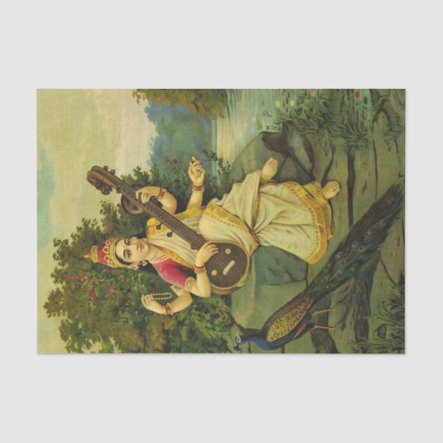 Papier Mousseline Saraswati, déesse de la musique par Raja Ravi Varm (Recto)