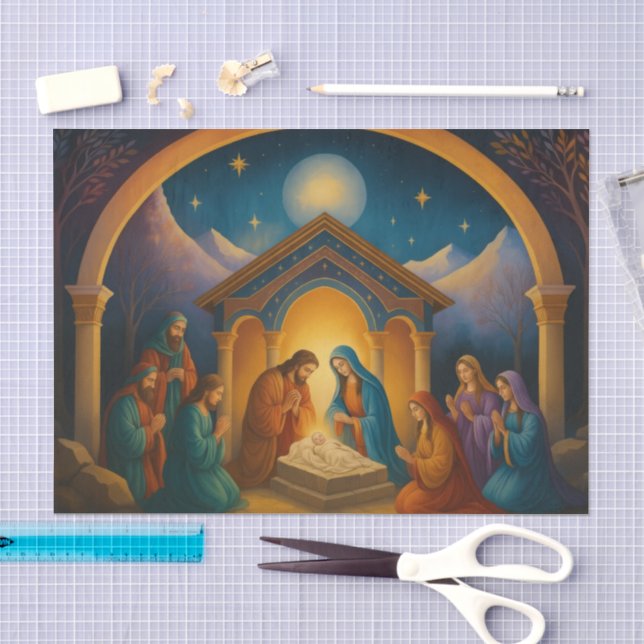 Papier Mousseline Scène de la Nativité Peinte Moderne (Artisanat)