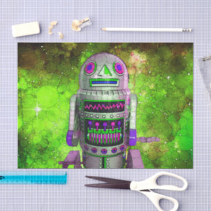Papier Mousseline Sci fi toy robot galaxie verte anniversaire rétro