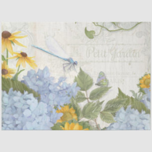 Papier Mousseline Script vintage Tournesol Bleu Flore Dragonfly Tis